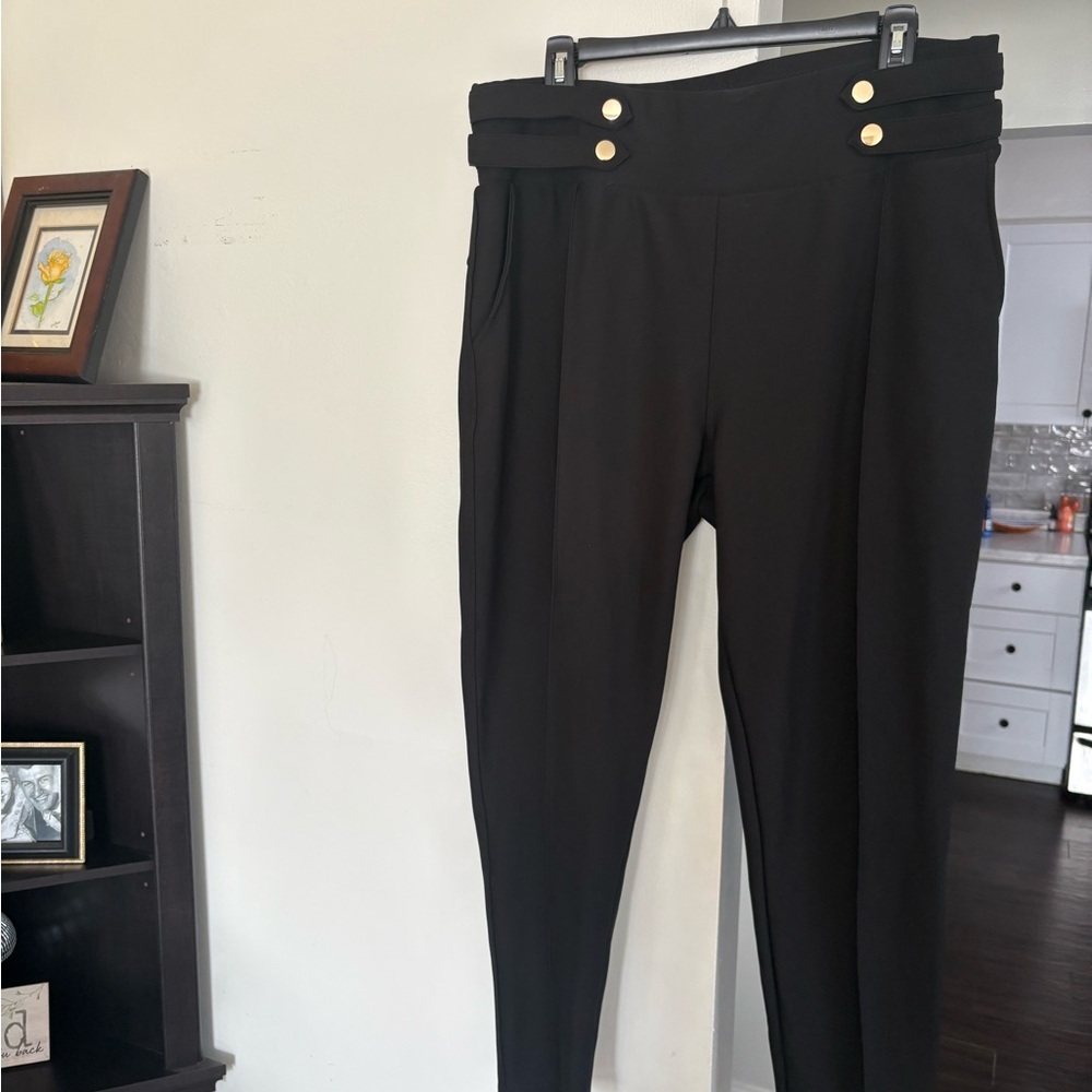 Elegant Black High-Waisted Women's Pants with Gold button accents